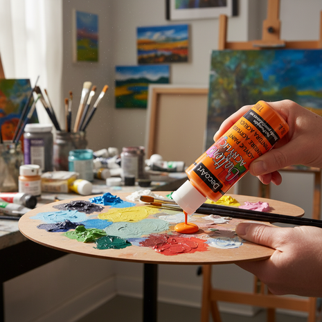 Artista usando pintura acrílica naranja DecoArt sobre paleta, color vivo para manualidades y pintura decorativa

