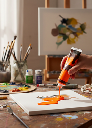 Artista aplicando pintura acrílica neón anaranjado 22ml Acrilex sobre paleta, color vibrante para arte Perú

