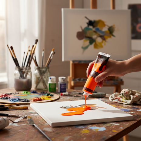 Artista aplicando pintura acrílica neón anaranjado 22ml Acrilex sobre paleta, color vibrante para arte Perú


