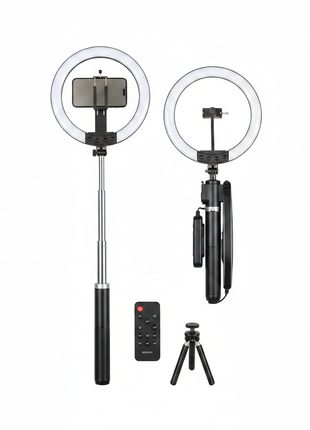 Aro de luz P220-Q – flat lay con palo selfie y control remoto – acero inoxidable – kit completo 2.3M