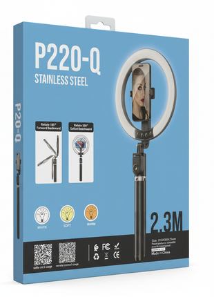 Aro de luz P220-Q – flat lay con palo selfie y control remoto – acero inoxidable – kit completo 2.3M