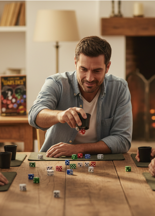 Liar's Dice juego de bluff y estrategia - amigos jugando en familia, tensión y diversión garantizada