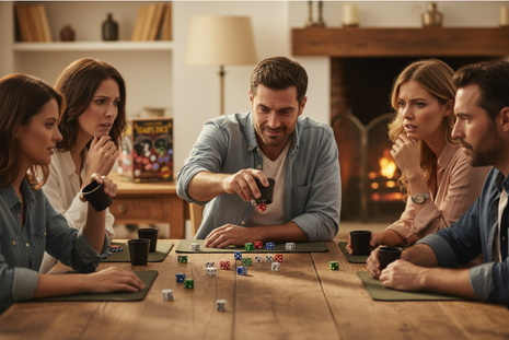 Liar's Dice juego de bluff y estrategia - amigos jugando en familia, tensión y diversión garantizada