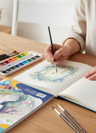 Artista usando Justus Sketch Book 20 hojas para pintar acuarelas