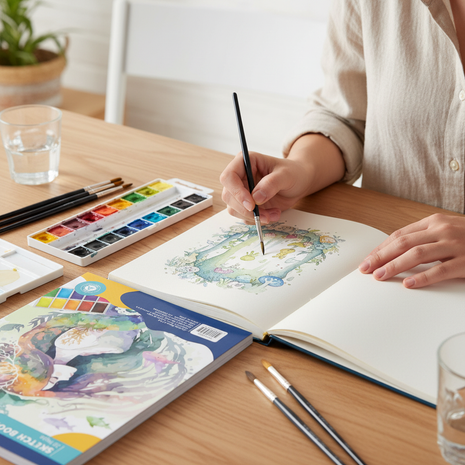 Artista usando Justus Sketch Book 20 hojas para pintar acuarelas