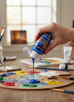 Artista usando pintura acrílica azul oscuro DecoArt sobre paleta, color intenso para manualidades y pintura en tela

