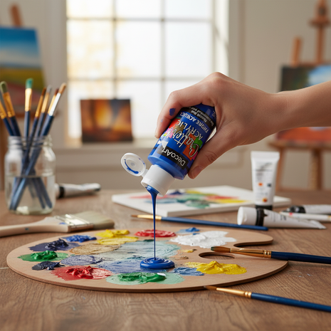 Artista usando pintura acrílica azul oscuro DecoArt sobre paleta, color intenso para manualidades y pintura en tela

