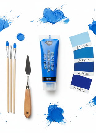 Tubo pintura acrílica azul 75ml vista cenital con pinceles y materiales de arte sobre fondo blanco

