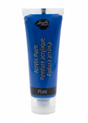 Pintura acrílica azul 75ml tubo fondo blanco estudio, colores vivos etiqueta legible, iluminación profesional

