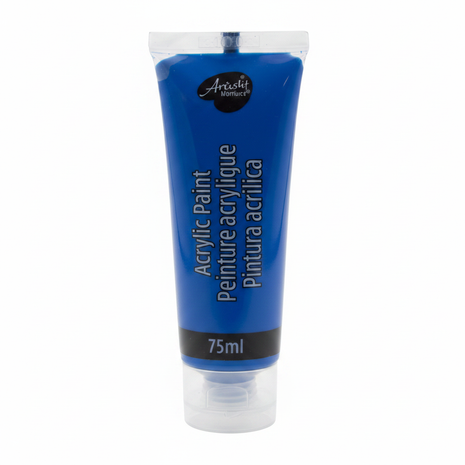 Pintura acrílica azul 75ml tubo fondo blanco estudio, colores vivos etiqueta legible, iluminación profesional

