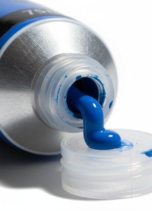 Macro detalle tapa y boquilla tubo pintura acrílica azul 75ml, iluminación dramática de estudio

