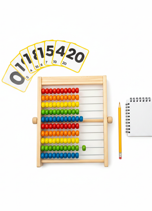 Ábaco OVE Didácticos – flat lay con accesorios educativos – madera natural – cuentas multicolor