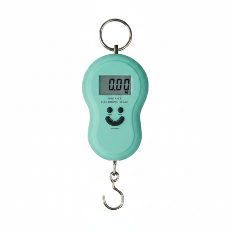Balanza colgante digital portátil verde menta con gancho plateado, pantalla LCD, capacidad 40kg precisión 5g

