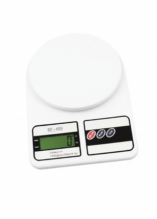 Balanza digital de mesa SF-400 blanca con pantalla LCD verde, capacidad 10kg, precisión 1g para cocina