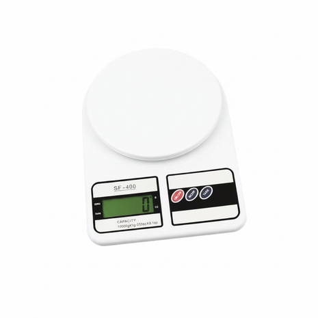 Balanza digital de mesa SF-400 blanca con pantalla LCD verde, capacidad 10kg, precisión 1g para cocina