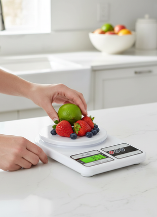 Balanza digital SF-400 pesando alimentos frescos en cocina, pantalla LCD verde, función tara, precisión 1g

