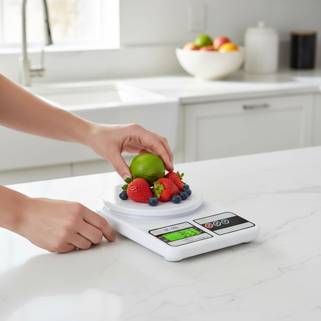 Balanza digital SF-400 pesando alimentos frescos en cocina, pantalla LCD verde, función tara, precisión 1g

