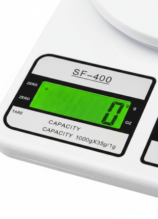 Macro pantalla LCD verde balanza SF-400, display iluminado con indicadores g y oz, función tara y zero

