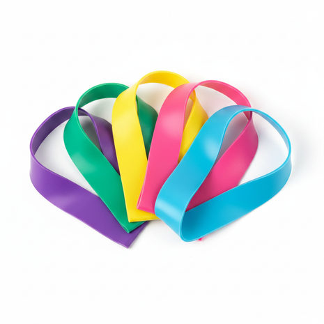Set bandas elásticas resistencia multicolor fondo blanco estudio, ejercicio glúteos y fitness en casa Perú

