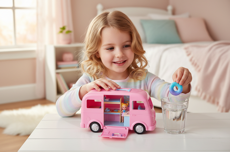 Mini Barbie Land camper rosa - niña jugando con mini muñeca y función color change con agua, juego creativo