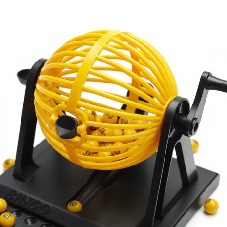Bingo Lotto – bombo giratorio amarillo – 90 bolas numeradas – mecanismo de extracción aleatoria