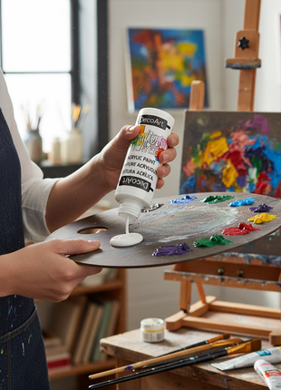 Artista usando pintura acrílica blanca DecoArt sobre paleta oscura, color base para mezclas y manualidades


