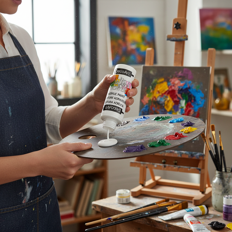 Artista usando pintura acrílica blanca DecoArt sobre paleta oscura, color base para mezclas y manualidades

