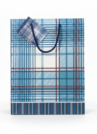 Bolsa regalo azul tartan fondo blanco