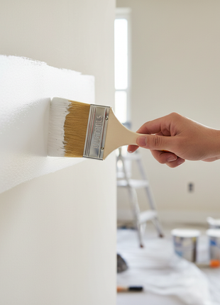 Brocha ancha UYUSTOOLS aplicando pintura en pared, cobertura amplia, mango ergonómico crema y amarillo

