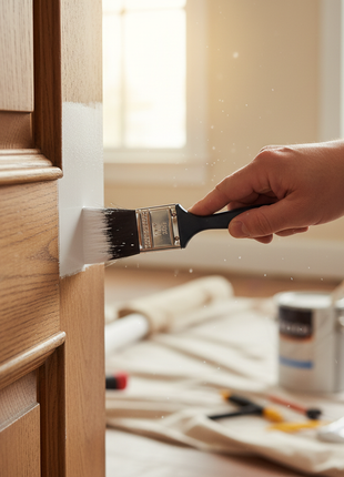 Manos aplicando pintura con brocha nylon 1 1/2" en moldura de madera – precisión y cobertura equilibradas

