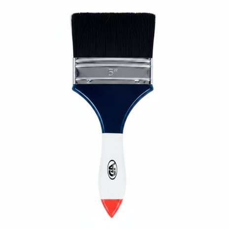 Brocha de nylon 5" C&A mango madera blanco con grip azul y punta roja, cerdas negras densas, pintura profesional

