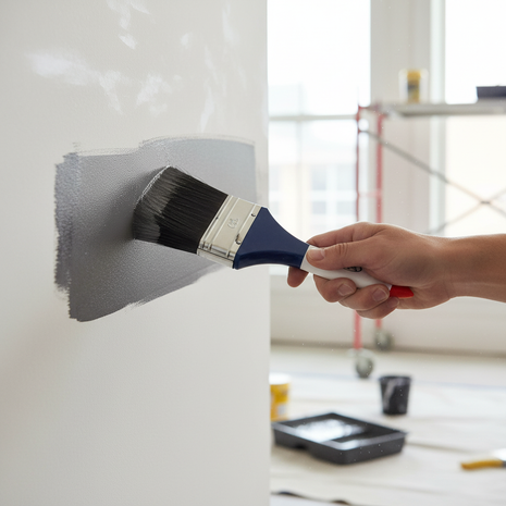 Brocha de nylon 5" C&A aplicando pintura en pared, cobertura amplia, mango ergonómico blanco azul y rojo


