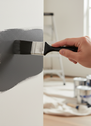Brocha de nylon mango negro aplicando pintura en pared, cobertura uniforme, cerdas negras de alta durabilidad


