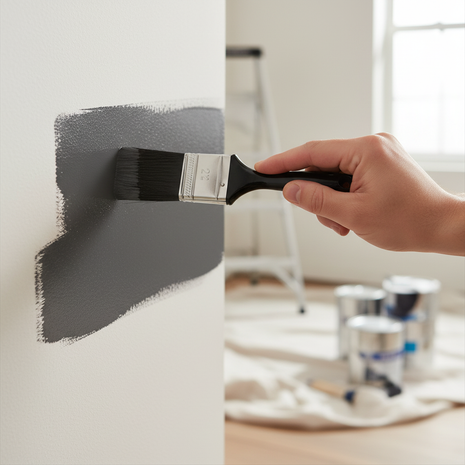 Brocha de nylon mango negro aplicando pintura en pared, cobertura uniforme, cerdas negras de alta durabilidad

