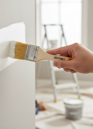 Brocha plana UYUSTOOLS aplicando pintura en pared, mango ergonómico crema y amarillo, acabado profesional

