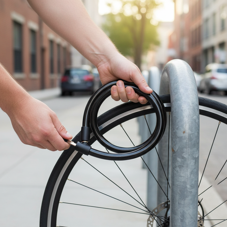 Cadena antirrobo espiral en uso – asegura tu bicicleta a rejas y postes con cierre de llave seguro – Envíos express

