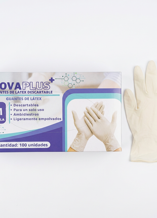 Caja Novaplus y un par de guantes en vista cenital