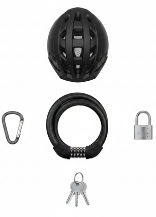 Candado de cable con combinación 5 dígitos negro, vista cenital con accesorios de ciclismo, seguridad portátil


