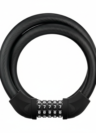 Candado de cable con combinación de 5 dígitos negro, fondo blanco, seguridad para bicicleta y moto, resistente
