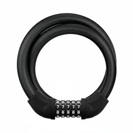 Candado de cable con combinación de 5 dígitos negro, fondo blanco, seguridad para bicicleta y moto, resistente