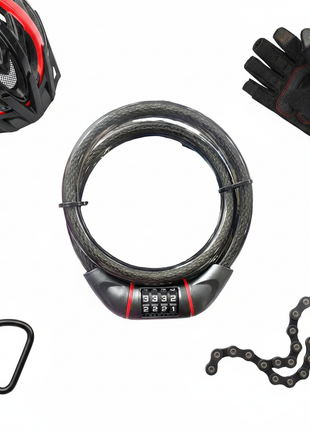 Candado de cable largo con combinación 4 dígitos negro y rojo, vista cenital con accesorios de ciclismo

