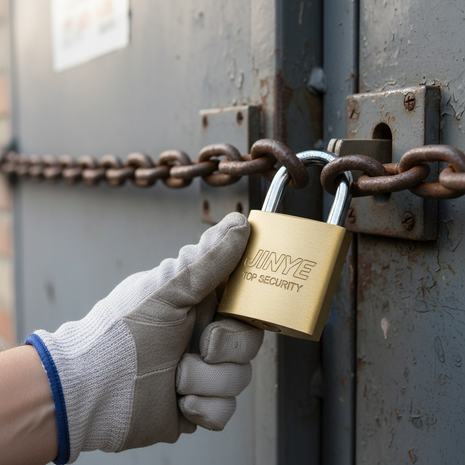 Candado Jinye 38mm en uso – cierre de alta resistencia para cadenas y puertas industriales – Envíos express


