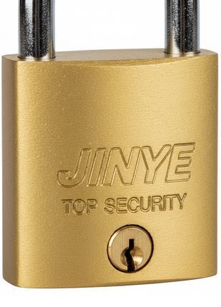 Detalle candado Jinye JY-D38 latón 38mm – arco de acero endurecido de gran calibre anticorte y anticizalla – Envíos express

