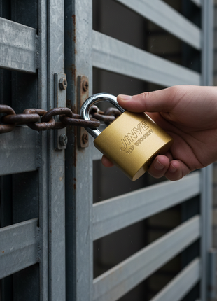 Candado Jinye 50mm en uso industrial – cierre de alta seguridad para cadenas pesadas y accesos restringidos – Envíos express


