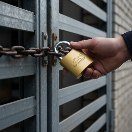 Candado Jinye 50mm en uso industrial – cierre de alta seguridad para cadenas pesadas y accesos restringidos – Envíos express

