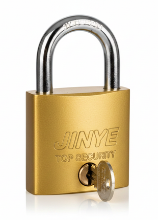 Detalle candado Jinye JY-D50 latón 50mm – cuerpo macizo con arco de acero endurecido de máximo calibre – Envíos express

