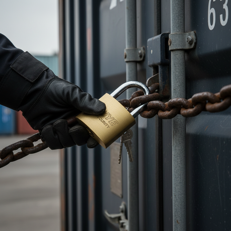 Candado Jinye 63mm en uso – cierre industrial de alta resistencia para cadenas pesadas y contenedores – Envíos express

