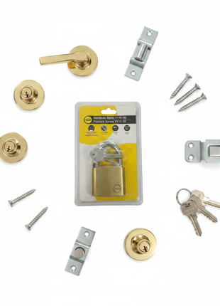 Candado de latón con blíster y accesorios de seguridad – kit completo para protección de puertas y accesos – Envíos express

