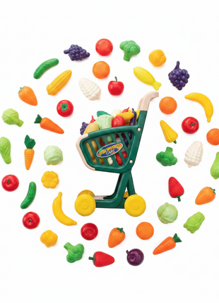 Supermarket Shopping flat lay carrito verde 32 piezas frutas verduras colores vibrantes