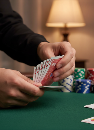 Manos barajando cartas casino sobre tapete verde con fichas de poker – noche de juegos en casa

